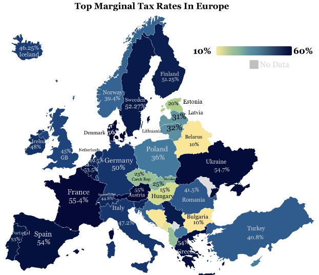 Eine Karte von Europa, die die höchsten Grenzsteuersätze nach Ländern zeigt, mit einer Überschrift, die "Höchste Grenzsteuersätze in Europa" lautet.