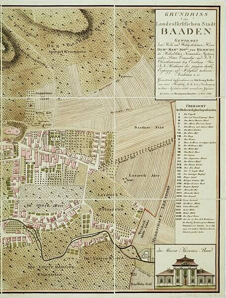 Alte detaillierte Karte von Baden-Württemberg, Deutschland, mit einem Gebäude in der rechten unteren Ecke, das Straßen, Gebäude und Texte mit Stadtinformationen zeigt.