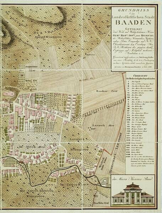 Alte detaillierte Karte von Baden-Württemberg, Deutschland, mit einem Gebäude in der rechten unteren Ecke, das Straßen, Gebäude und Texte mit Stadtinformationen zeigt.