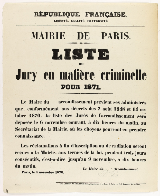 Schwarz-weißes Bild einer alten französischen Zeitungsanzeige für die 'Marie de Paris Liste Jury en Matiere Criminelle' aus dem Jahr 1871.