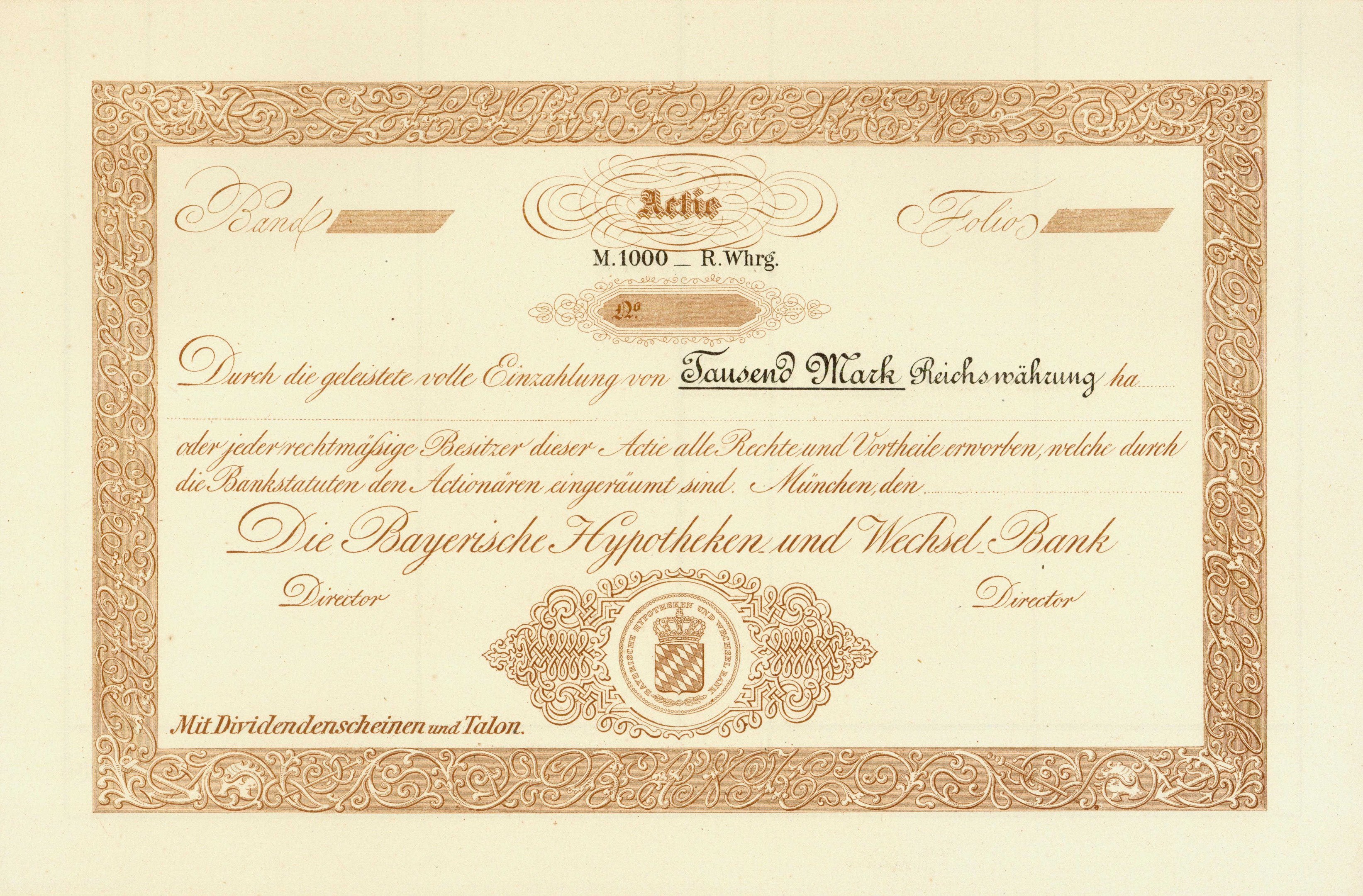 Alte Aktienurkunde mit goldenem Rand, die ein Portr├Ąt eines Mannes und Text zeigt, wahrscheinlich eine Anleihe.