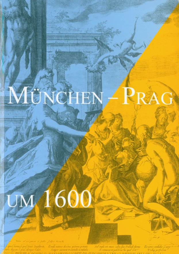 Ein Plakat mit einem hellblauen Hintergrund, das eine Gruppe von Menschen in traditioneller Kleidung zeigt, umgeben von fetter schwarzer Schrift, die "München - Prag um 1600" lautet.