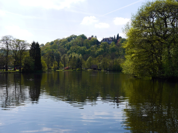Eine friedliche Landschaft mit einem See, umgeben von Bäumen, Gras, Häusern und Bergen unter einem klaren Himmel.