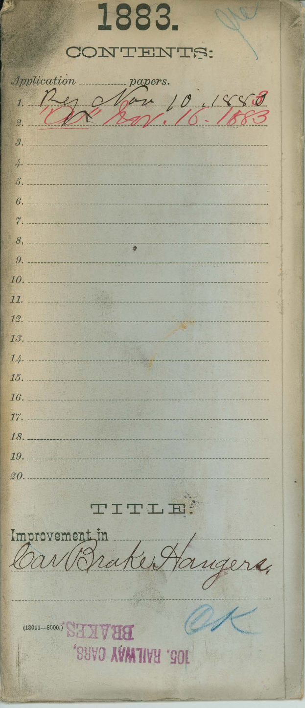Ein offenes altes Buch aus dem Jahr 1883, das eine Liste von Verbesserungen für Eisenbahnwagen zeigt.