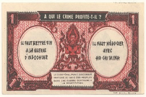 Alte französische Banknote mit ernst dreinschauendem Mann im Anzug, Text 'A qui le crime profite-il?' und schwarzem Rand auf weißem Hintergrund.