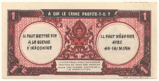 Alte französische Banknote mit ernst dreinschauendem Mann im Anzug, Text 'A qui le crime profite-il?' und schwarzem Rand auf weißem Hintergrund.