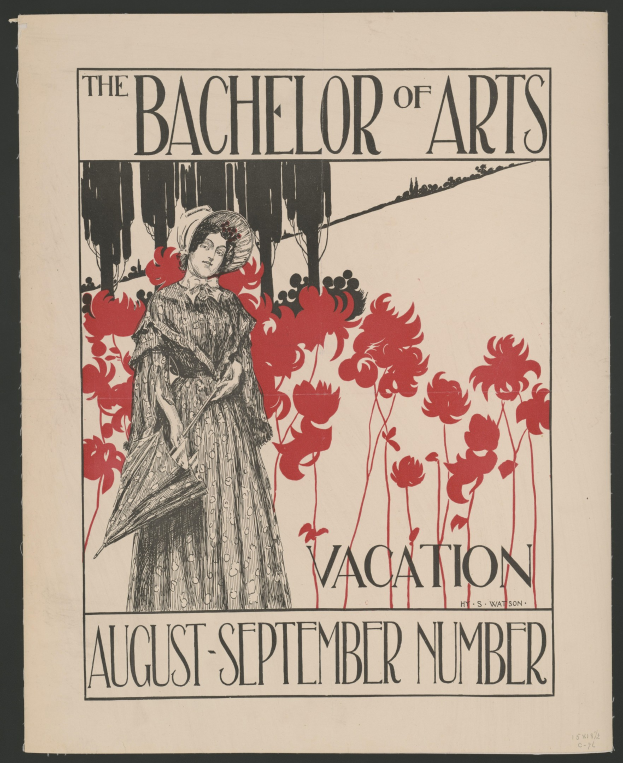 Plakat mit schwarzem Hintergrund, das eine Frau in einem weißen Kleid mit einer blauen Stola und einem weißen Hut in einem Feld gelber Blumen unter einem blauen Himmel zeigt, betitelt "The Bachelor of Arts Vacation August-September Number" in weißer fetter Schrift mit einem goldenen Rand.