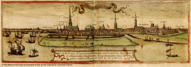 Alte Karte von Hamburg, Deutschland, die Boote auf dem Wasser und Gebäude im Hintergrund zeigt, mit Text auf dem Papier.