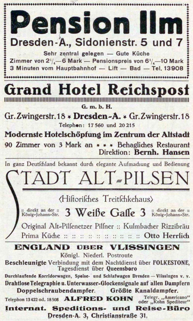 Schwarze und weiße Zeitungsanzeige für eine Pension in Dresden, Deutschland.
