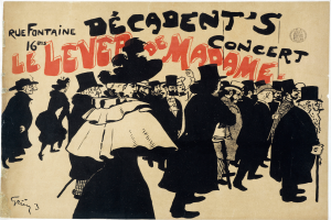 Ein Plakat, das ein Konzert in Paris, Frankreich, bewirbt, das eine Gruppe von Menschen zeigt, einige mit Hüten, und den Text "Decadent's Le Lever de Madame" trägt.