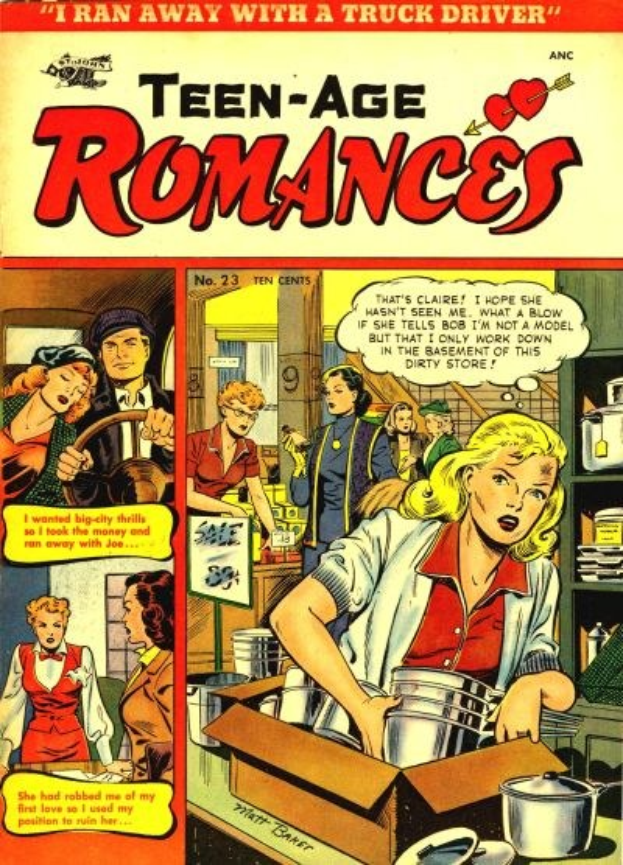 Ein farbenfrohes Vintage-Plakat mit der Aufschrift "Teen-Age Romances 23-A by DC", das eine Gruppe strahlender Menschen in einer innigen Umarmung zeigt.