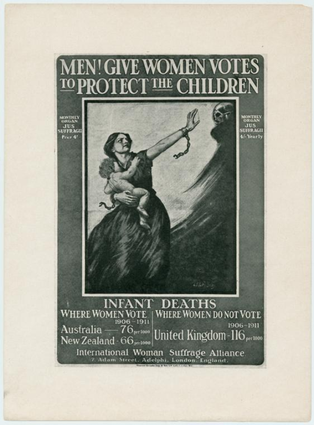 Schwarzes und weißes Plakat mit einer Frau in einem weißen Kleid, die ein Baby hält, mit der Aufschrift "Männer geben Frauen Stimmen, um die Kinder zu schützen" darüber.