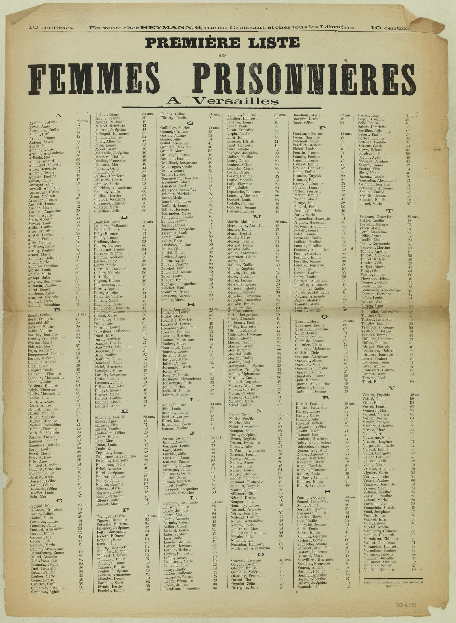 Gelblicher alter Buchseitenausschnitt mit Namen von weiblichen Gefangenen in zwei Spalten, geschrieben in schwarzer Tinte.