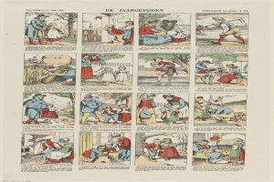 Cartoon-Illustration eines Mannes, der gestikulierend mit einer Frau spricht, umgeben von spielerischem Text und Bildern auf einer Buchseite.