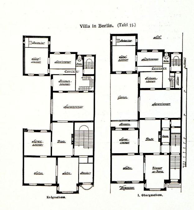 Schwarzes und weißes Architekturzeichnung eines Berliner Hauses mit Grundriss und beschrifteten Raumgrößen, Fenstern und Türen.