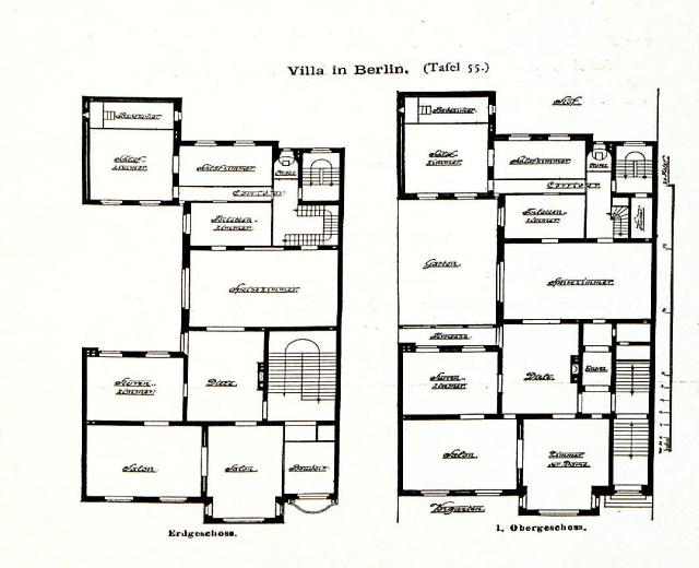 Schwarzes und weißes Architekturzeichnung eines Berliner Hauses mit Grundriss und beschrifteten Raumgrößen, Fenstern und Türen.