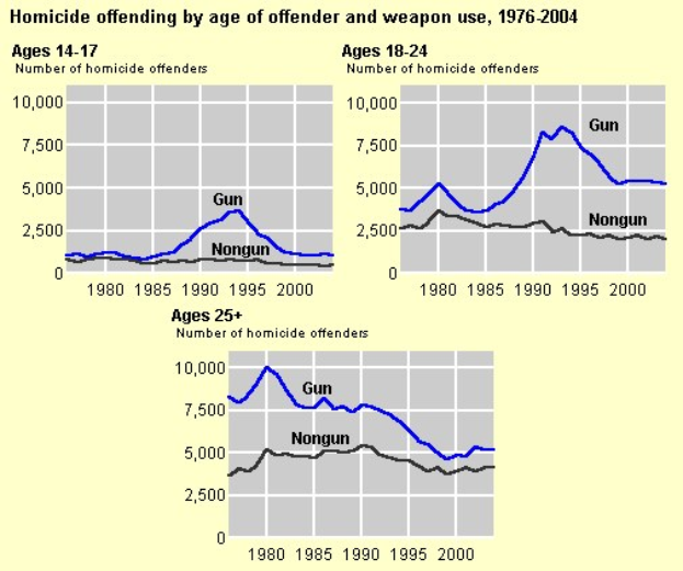 Eine Liniengrafik, die die Homicide-Offending nach Alter des Täters und Waffengebrauch von 1976 bis 2004 zeigt, mit begleitendem Text.