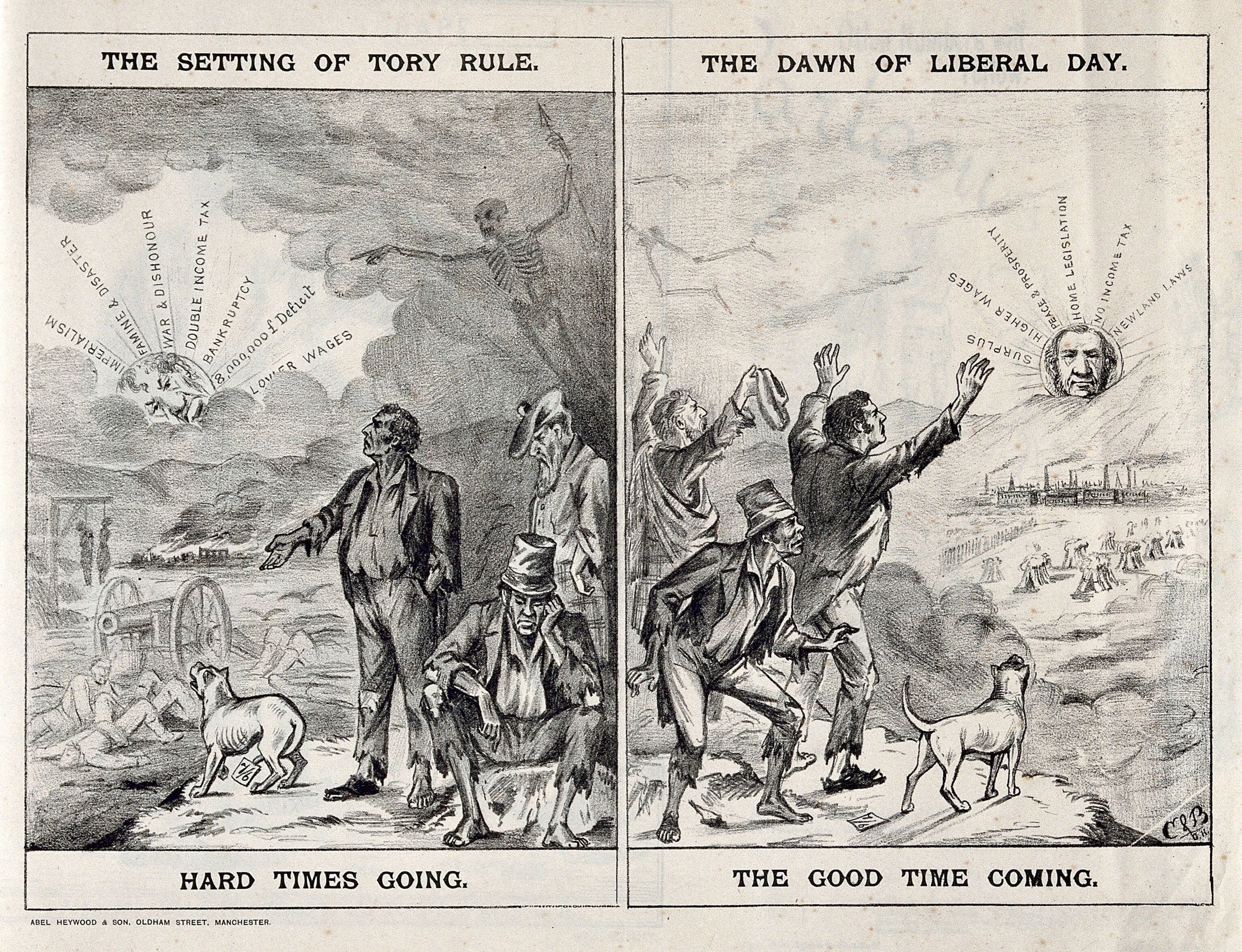 Schwarze und weiße Illustration, die eine Szene zeigt, die Tory-Regelung und liberale Ideale gegenüberstellt, mit mehreren Personen, Tieren und Gegenständen.