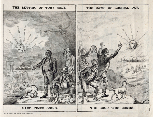 Schwarze und weiße Illustration, die eine Szene zeigt, die Tory-Regelung und liberale Ideale gegenüberstellt, mit mehreren Personen, Tieren und Gegenständen.