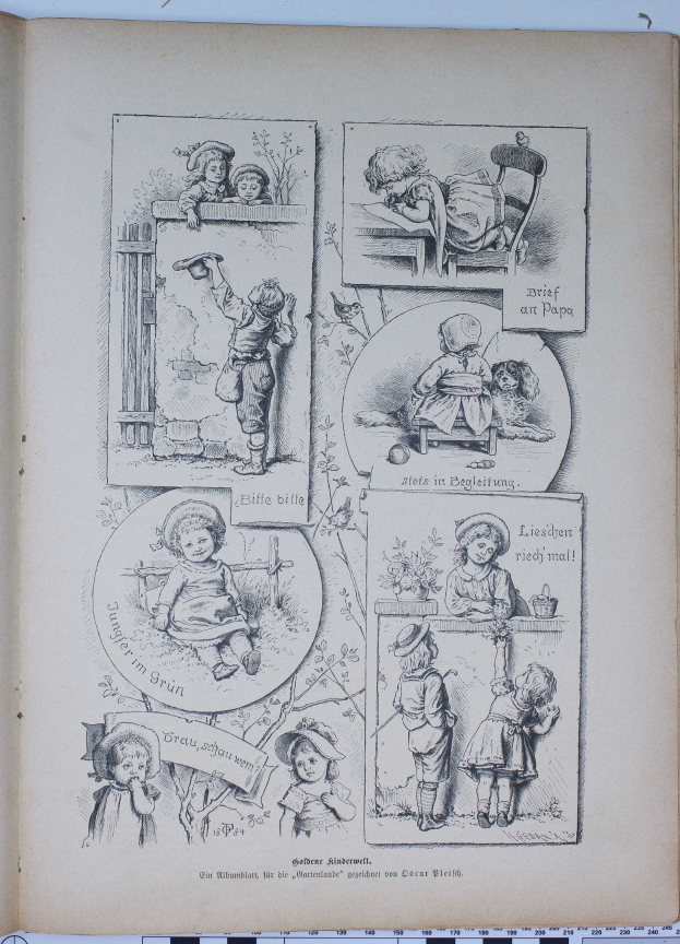 Offenes Buch mit einer Zeichnung von Kindern, die in einem üppigen grünen Garten spielen, das auf einer flachen Oberfläche liegt.