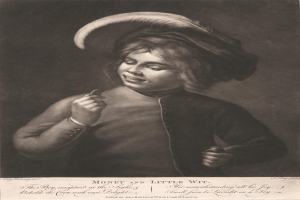 Ein junger Junge in einer Mütze hält eine Zigarette, hat einen verschmitzten Ausdruck und Text 'Geld und wenig Verstand' unten.