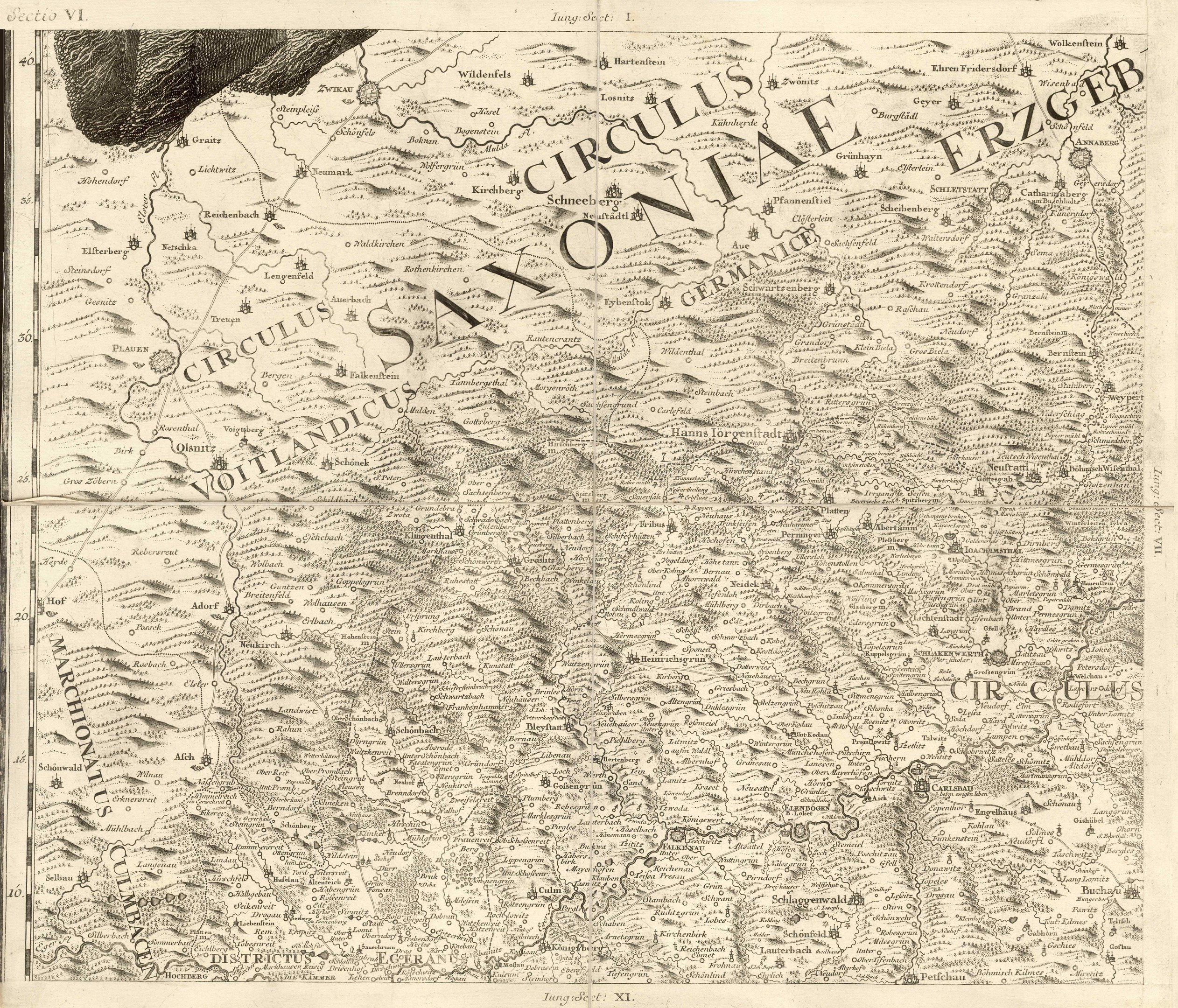 Alte Karte von Sachsen, Deutschland, die geografische Merkmale wie Flüsse, Berge und Städte mit beschreibenden Textanzeigen zeigt.