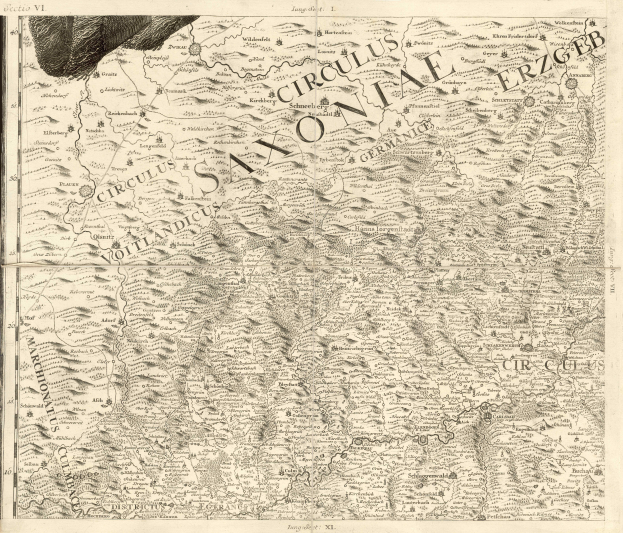 Ein altes Kartenbild von Sachsen, Deutschland, das geographische Merkmale wie Flüsse, Berge und Städte zeigt, mit begleitendem Text, der regionale Informationen liefert.