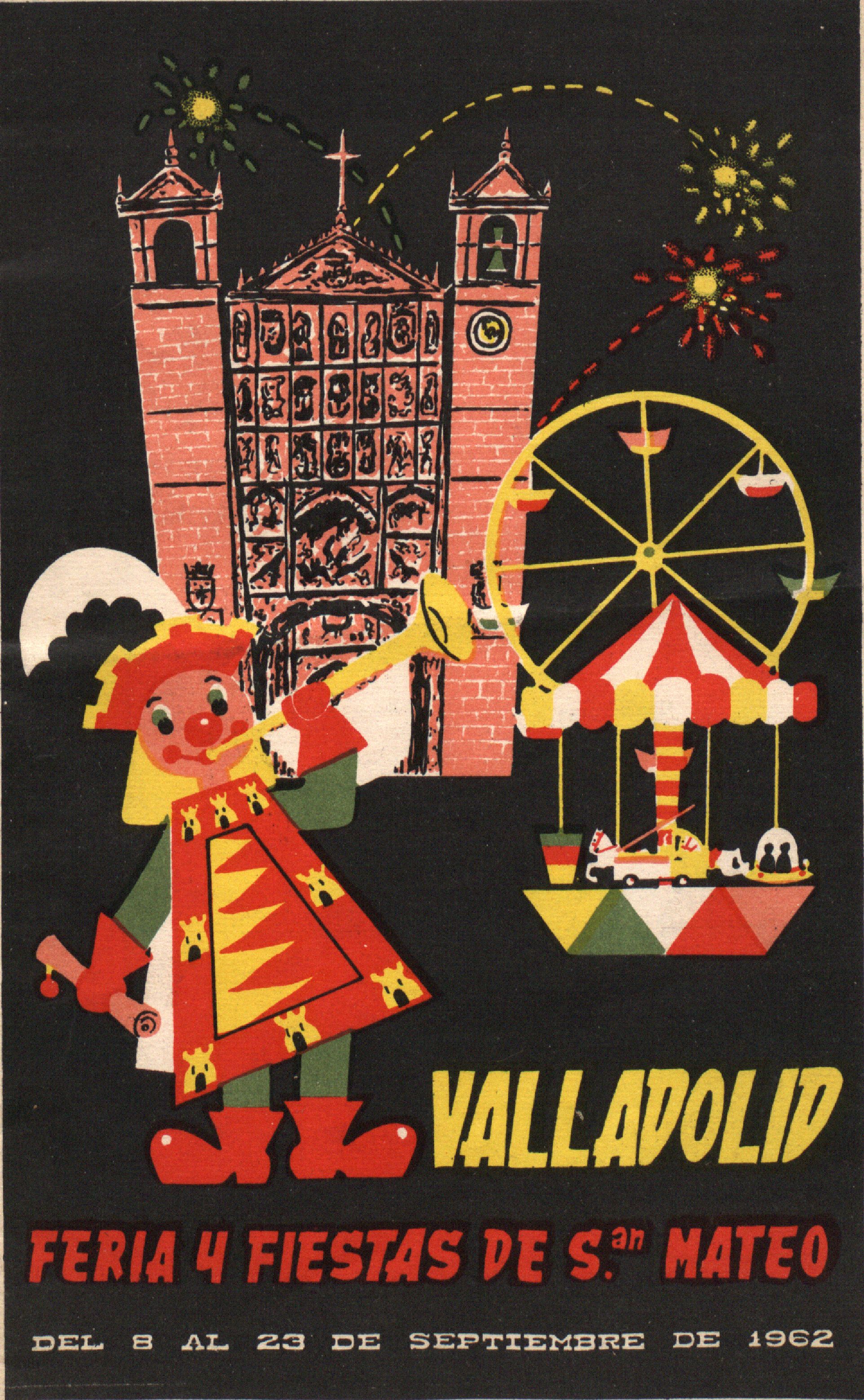 Ein buntes Karnevalplakat mit einem Gebäude, einem Riesenrad, einem Spielzeug und Text, mit festlicher Stimmung, das einen Karneval in Valladolid, Spanien, ankündigt.
