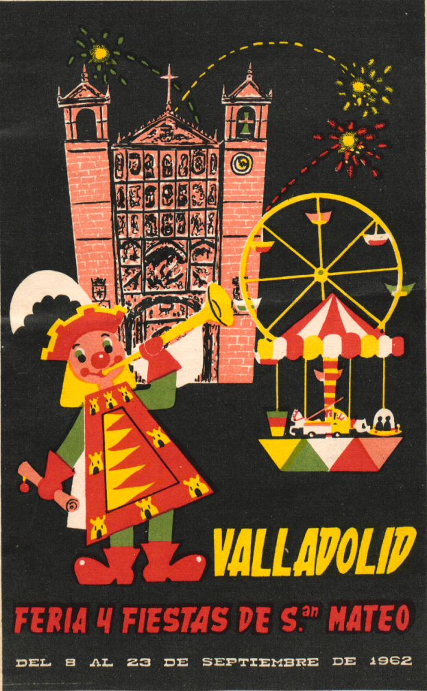 Ein buntes Karnevalplakat mit einem Gebäude, einem Riesenrad, einem Spielzeug und Text, mit festlicher Stimmung, das einen Karneval in Valladolid, Spanien, ankündigt.