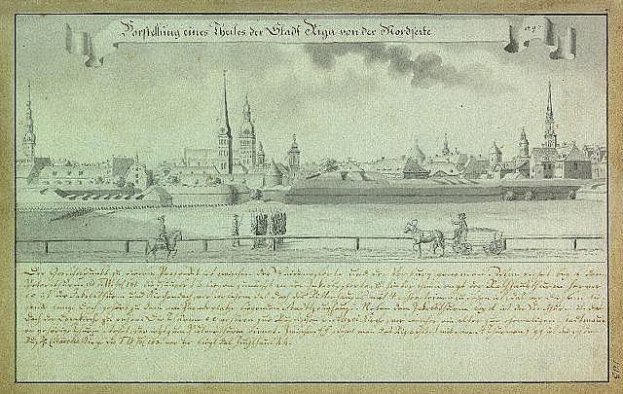 Eine Stadtansicht mit einer Kutsche im Vordergrund, die die Belagerung von Hamburg, Deutschland, zeigt, mit Text auf dem Papier, der die Ereignisse der Belagerung beschreibt.