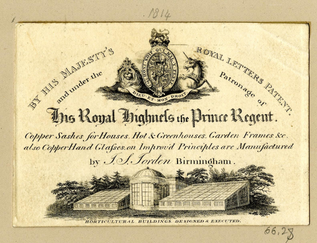 Alte Visitenkarte mit dem Text 'The Royal Highmills of the Prince Regent', einem Logo und einem Bild eines Gebäudes mit Bäumen.