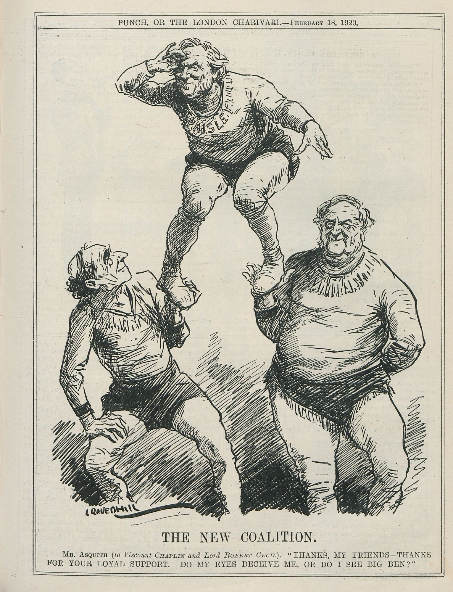 Eine Zeichnung mit dem Titel "Die neue Koalition - Punch, oder das Londoner Charivari - Februar 18, 1920" zeigt drei besorgte Menschen.