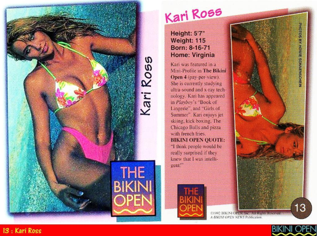 Eine Frau in einem Bikini steht auf der linken Seite einer Anzeige, die verschiedene Artikel zeigt.
