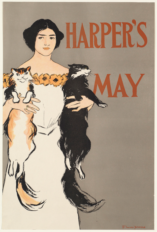 Eine Frau mit zwei Katzen auf dem Plakat.