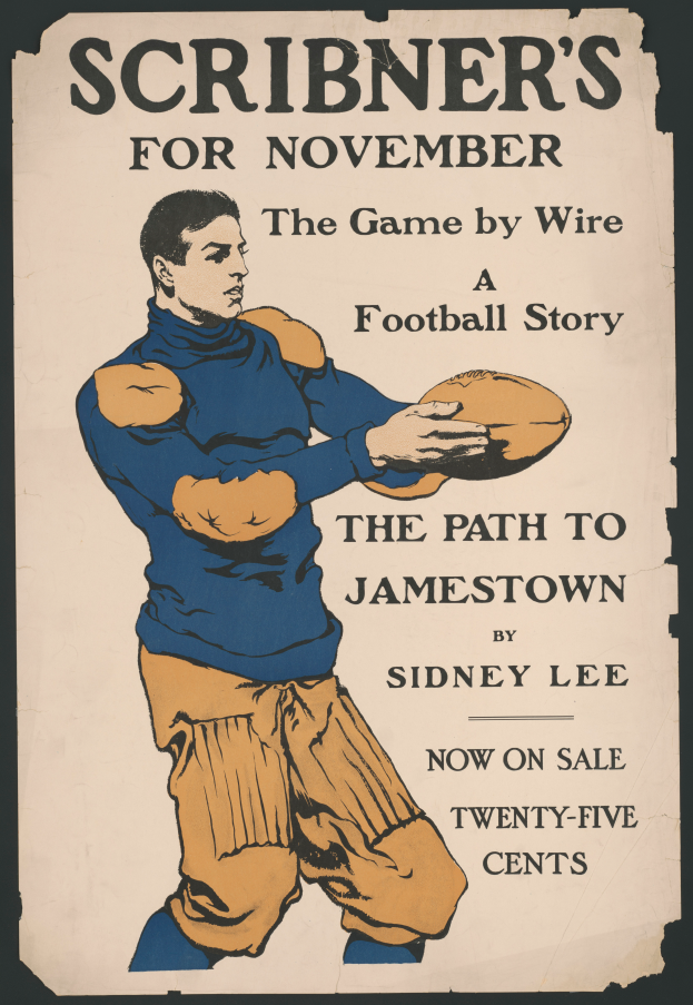 Eine Person mit entschlossener Miene, die einen Football hält und die Arme ausstreckt, bereit zum Werfen, mit dem Text "Scribner's für November: Das Spiel von Wire Football Story" darüber.