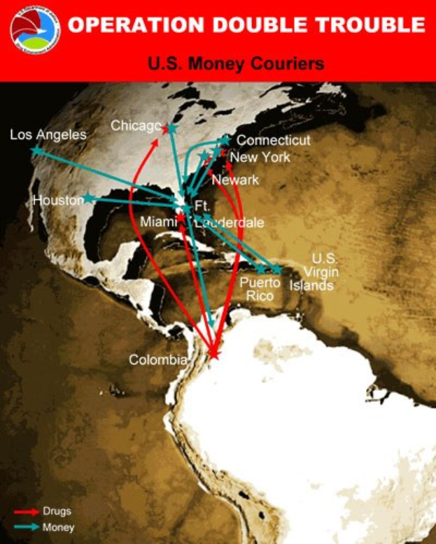 Plakat mit dem Titel "Operation Double Trouble: US-Geldkurier" mit einer Landkarte der USA, die in zwei Abschnitte unterteilt ist, einer zeigt die Route der US-Geldkurier und der andere zeigt die Standorte der Geldkurier, mit fetter schwarzer Schrift auf einem weißen Rand.