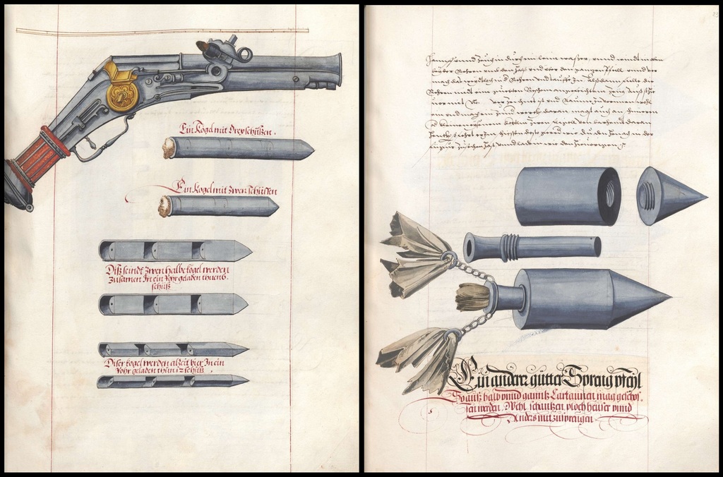 Linke Seite zeigt ein Gemälde einer Waffe und Kugeln mit begleitendem Text und Linien; rechte Seite zeigt Gemälde von Kugeln, Text und Linien.